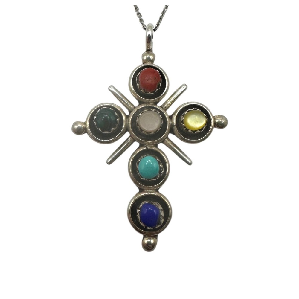 Italian Milor Sterling Silver Multicolor Stone Cross Necklace 18in 925‎ Italy